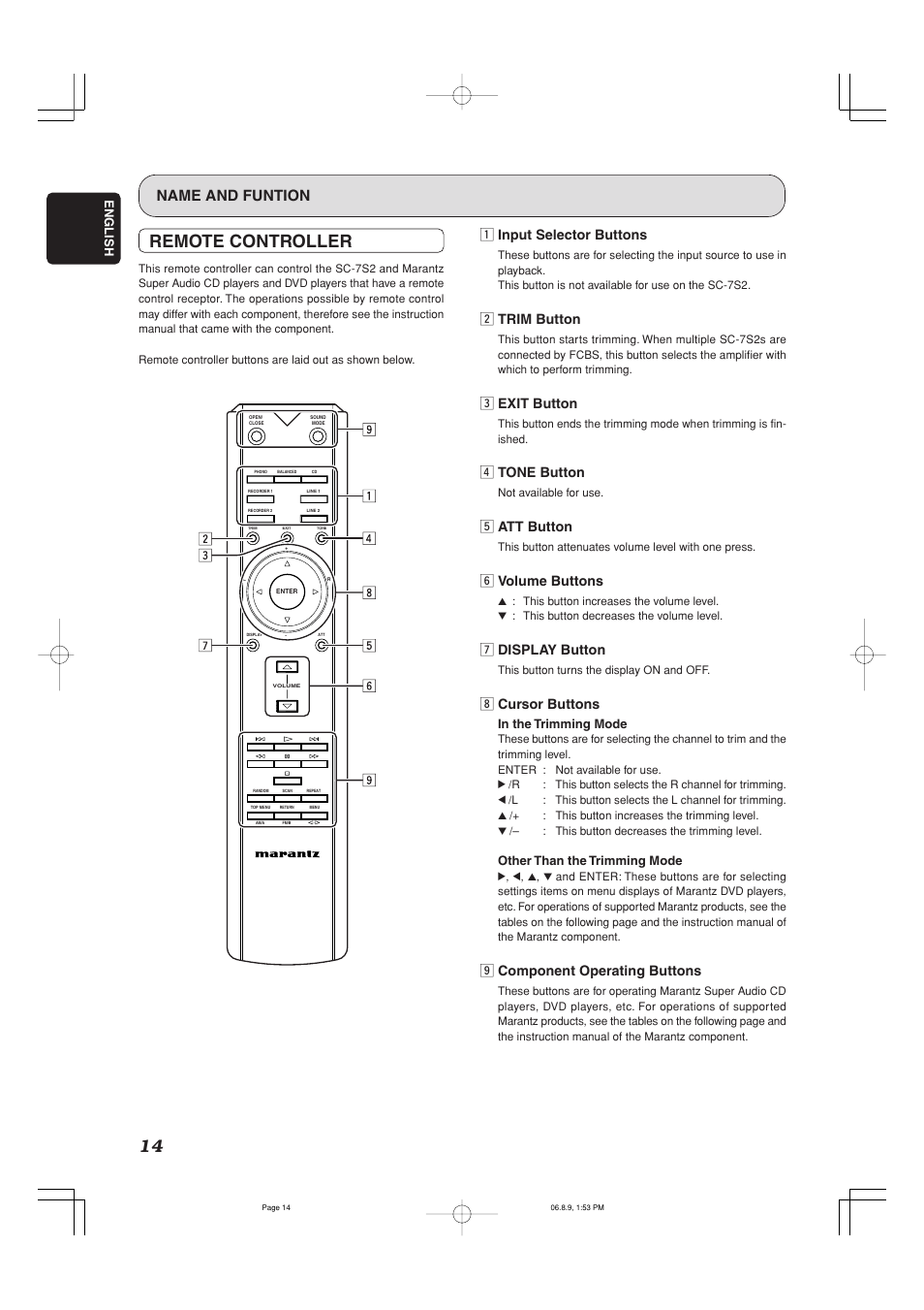Remote controller, Name and funtion, Z input selector buttons | X trim button, C exit button, V tone button, B att button, N volume buttons, M display button, Cursor buttons | Marantz SC-7S2 User Manual | Page 18 / 26