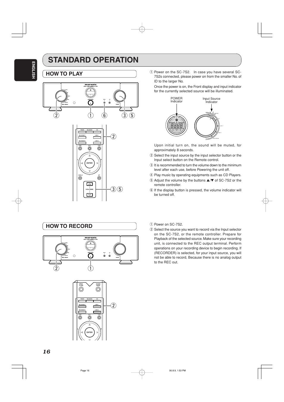 Standard operation, We t, Qy e t w | How to play, How to record, Balanced, English | Marantz SC-7S2 User Manual | Page 20 / 26
