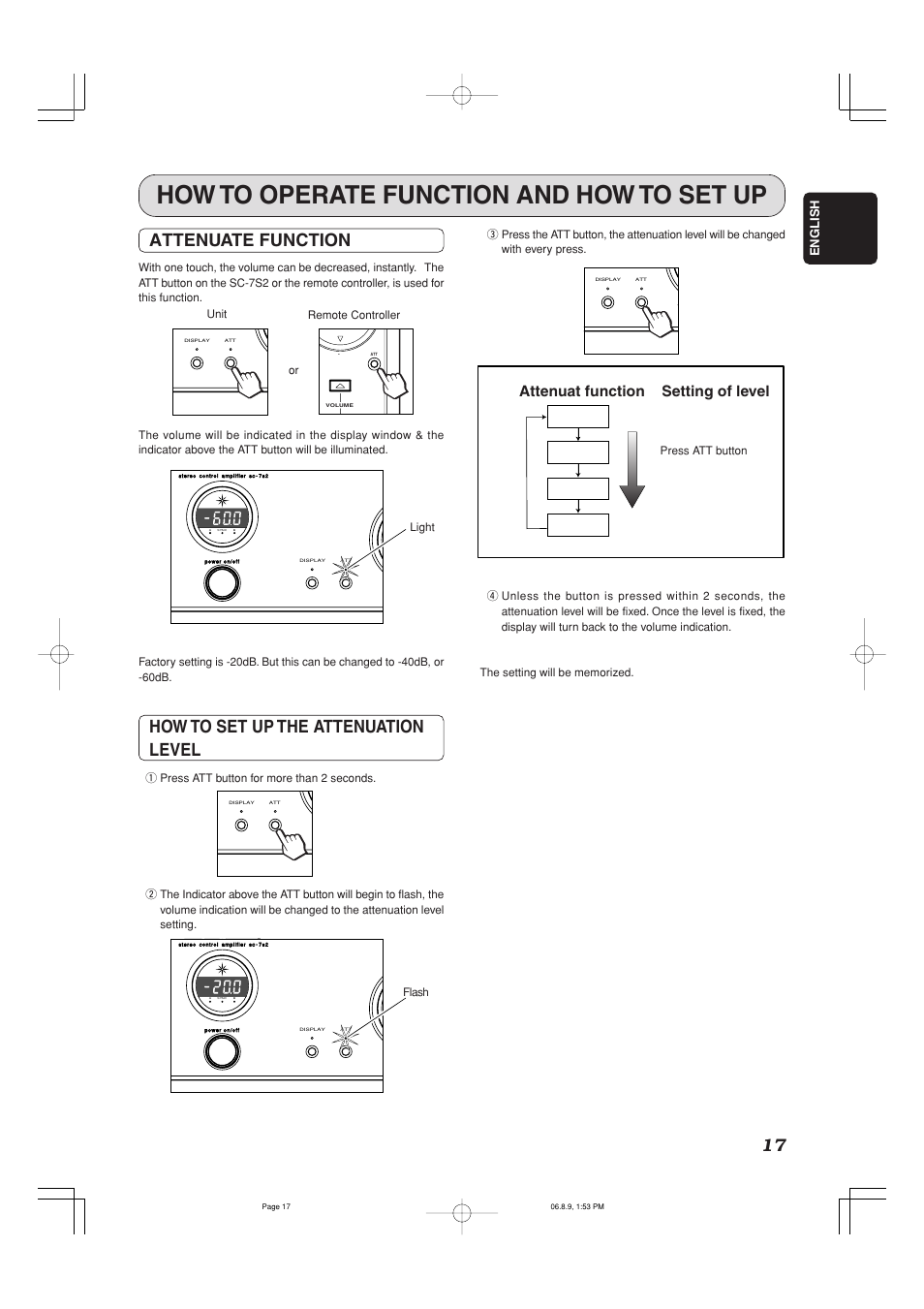 How to operate function and how to set up, Attenuate function, How to set up the attenuation level | Attenuat function setting of level, English, Press att button, Unit or remote controller light flash | Marantz SC-7S2 User Manual | Page 21 / 26