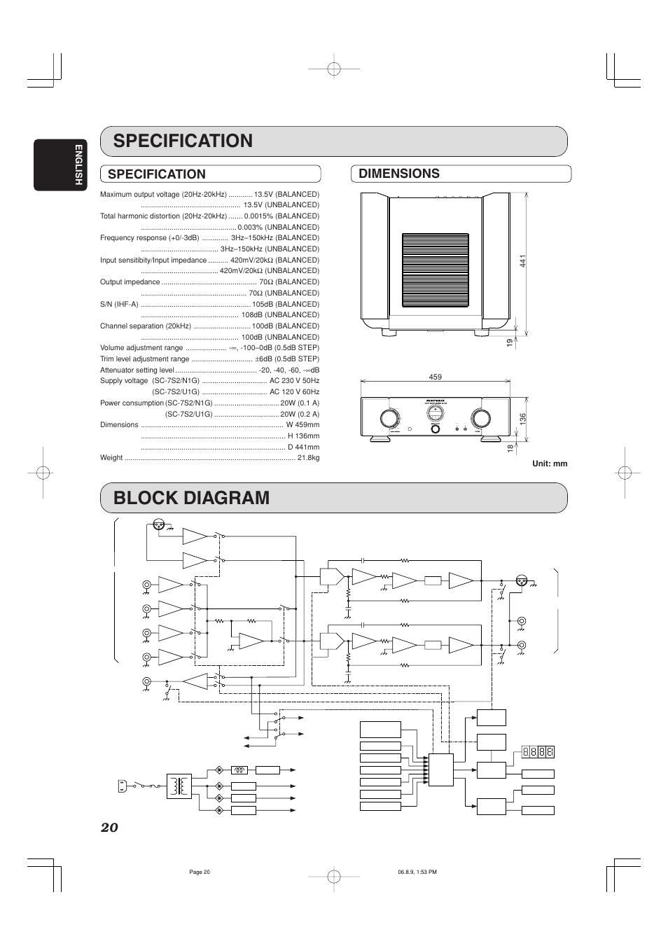 Specification, Block diagram, Dimensions | Marantz SC-7S2 User Manual | Page 24 / 26