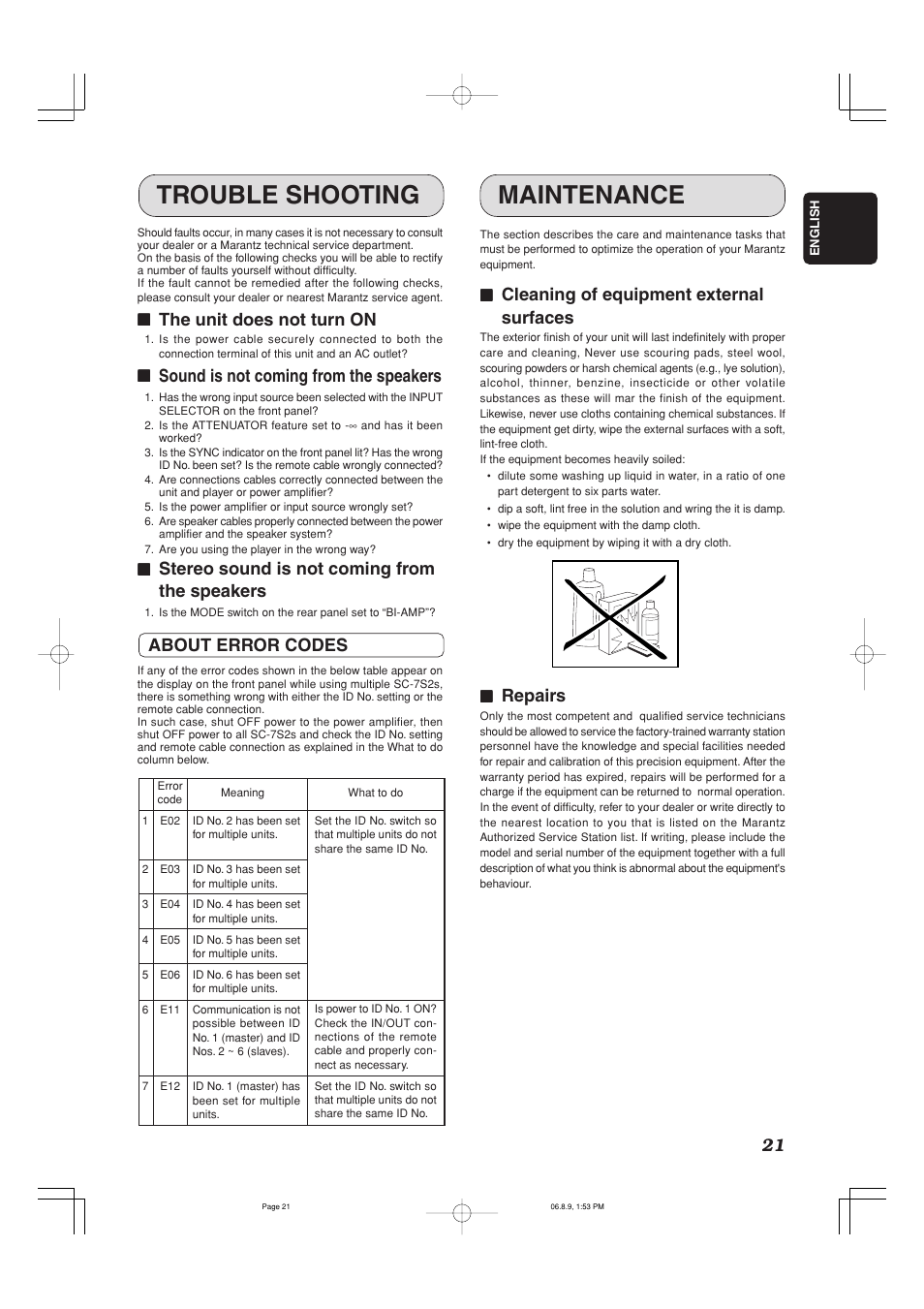 Trouble shooting, Maintenance, The unit does not turn on | Sound is not coming from the speakers, Stereo sound is not coming from the speakers, About error codes, Cleaning of equipment external surfaces, Repairs | Marantz SC-7S2 User Manual | Page 25 / 26