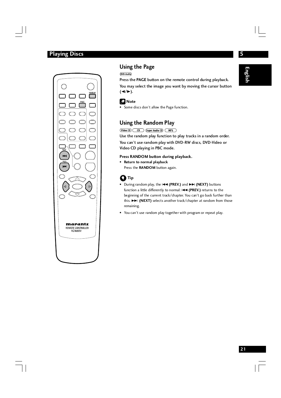 5playing discs, Using the random play, Using the page | Marantz DV7600 User Manual | Page 21 / 56
