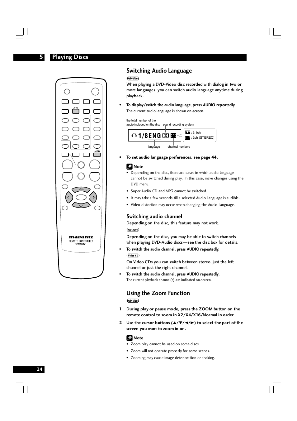 Playing discs 5, Switching audio language, Using the zoom function | Switching audio channel | Marantz DV7600 User Manual | Page 24 / 56