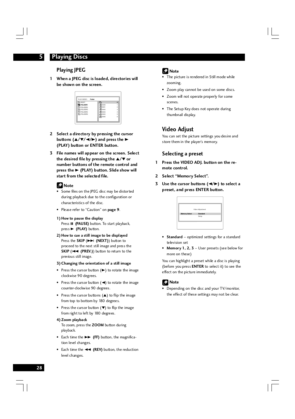 Playing discs 5, Video adjust, Playing jpeg | Selecting a preset | Marantz DV7600 User Manual | Page 28 / 56