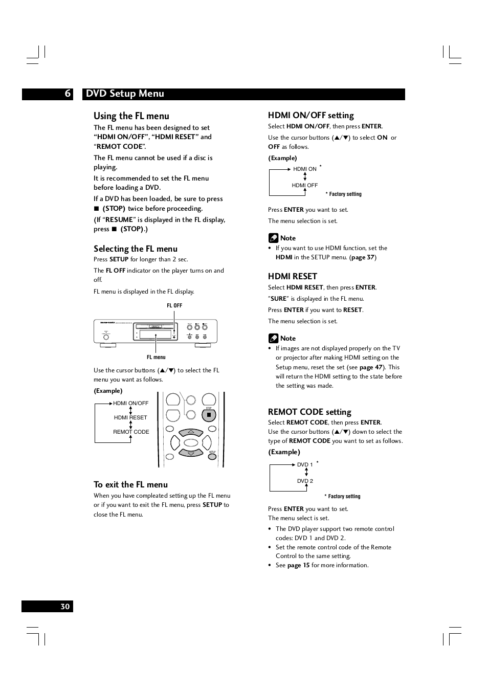 Dvd setup menu 6, Using the fl menu, Selecting the fl menu | Hdmi reset, Hdmi on/off setting, Remot code setting | Marantz DV7600 User Manual | Page 30 / 56