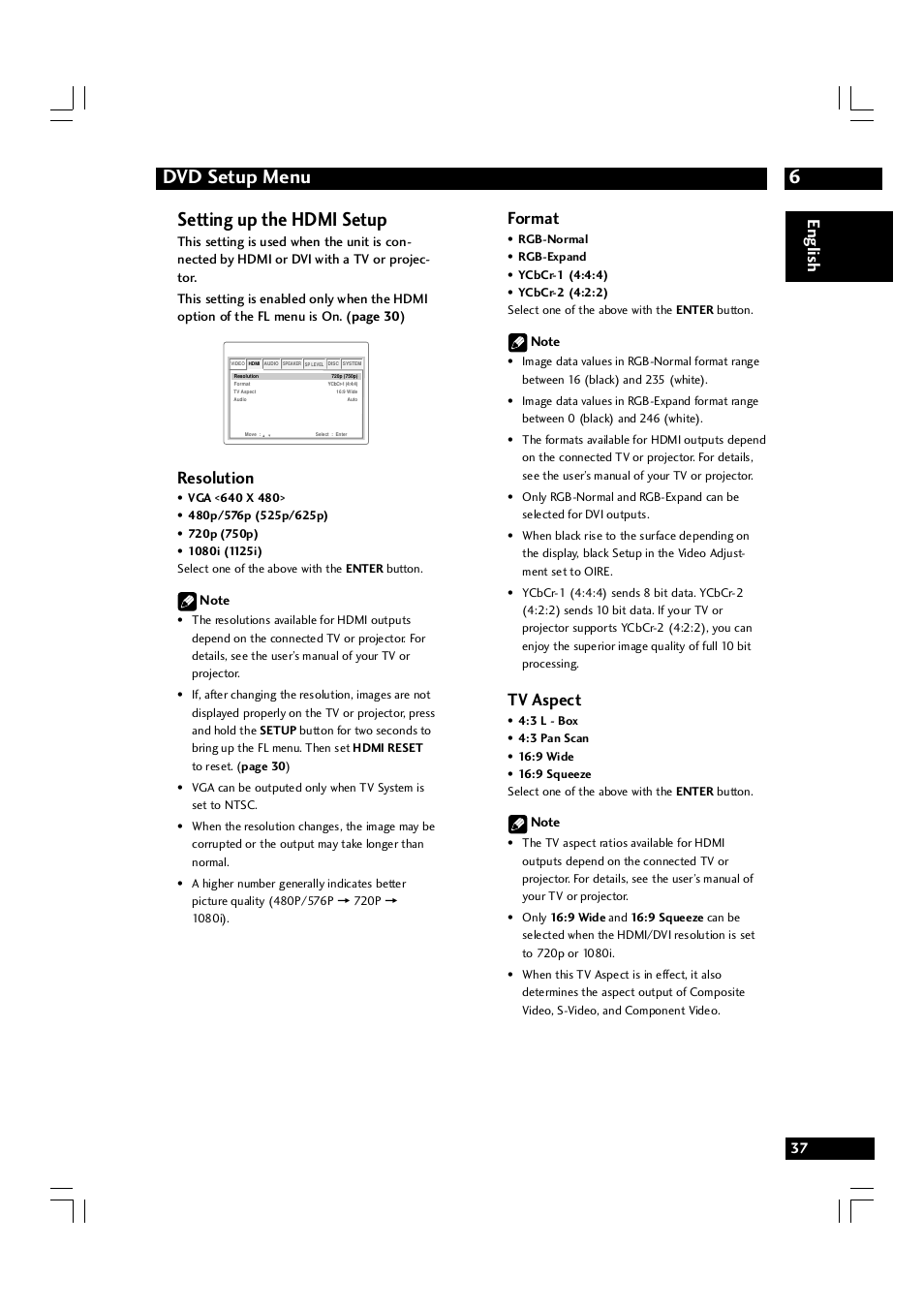 6dvd setup menu, Setting up the hdmi setup, English | Resolution, Format, Tv aspect | Marantz DV7600 User Manual | Page 37 / 56
