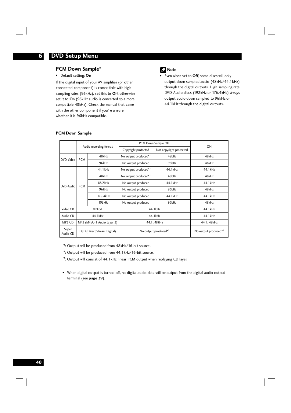 Dvd setup menu 6, Pcm down sample | Marantz DV7600 User Manual | Page 40 / 56