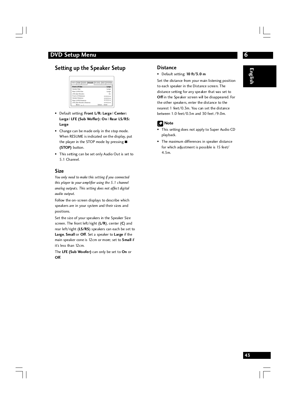 6dvd setup menu, Setting up the speaker setup, English | Size, Distance | Marantz DV7600 User Manual | Page 43 / 56