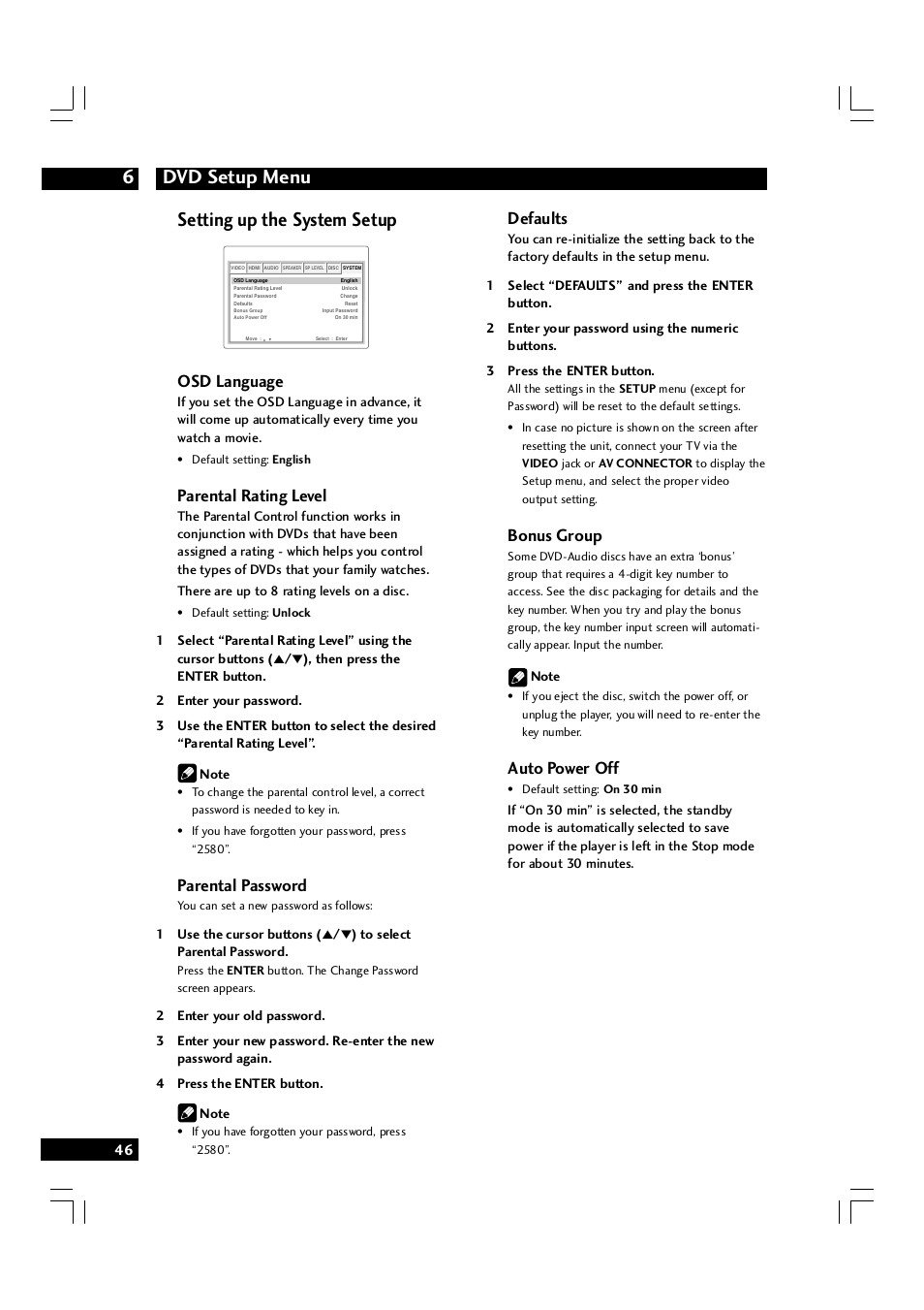 Dvd setup menu 6, Setting up the system setup, Osd language | Parental rating level, Parental password, Defaults, Bonus group, Auto power off | Marantz DV7600 User Manual | Page 46 / 56