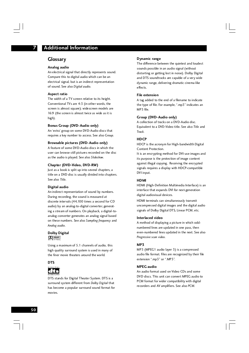 Additional information 7, Glossary | Marantz DV7600 User Manual | Page 50 / 56