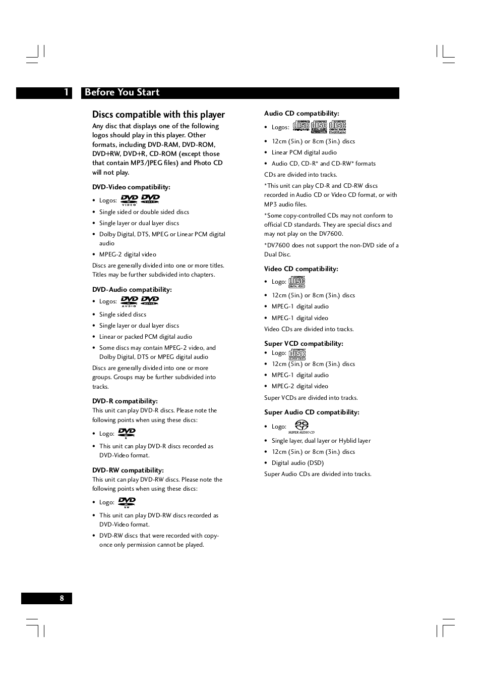 Before you start 1, Discs compatible with this player | Marantz DV7600 User Manual | Page 8 / 56