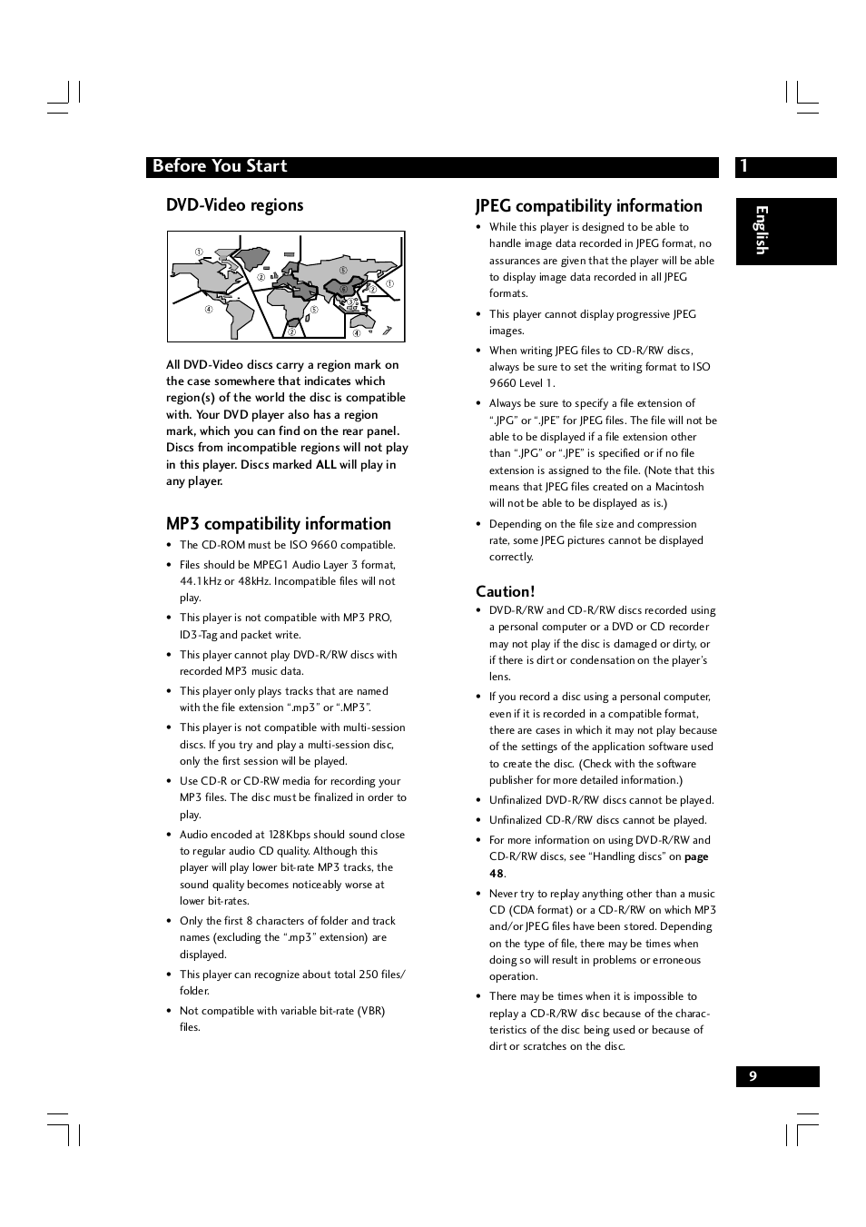 1before you start, Dvd-video regions, Mp3 compatibility information | Jpeg compatibility information, English, Caution | Marantz DV7600 User Manual | Page 9 / 56