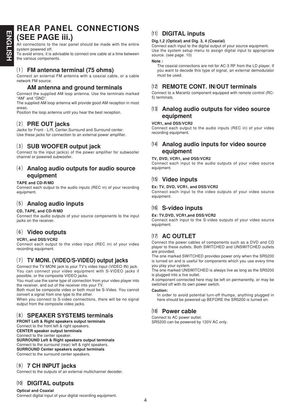 Rear panel connections (see page iii.), English | Marantz SR5200 User Manual | Page 11 / 33