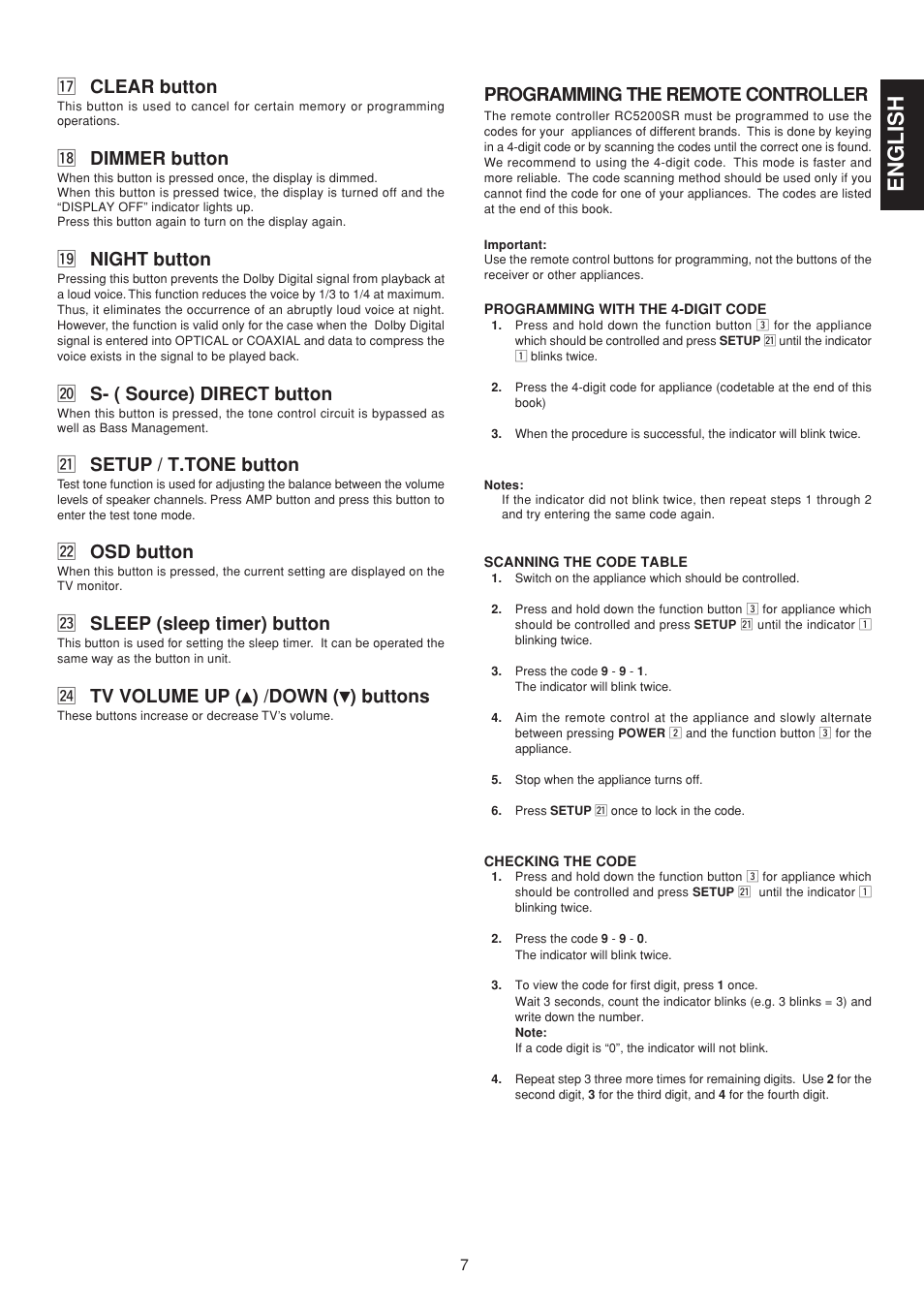 English, 7 clear button, 8 dimmer button | 9 night button, 0 s- ( source) direct button, 1 setup / t.tone button, 2 osd button, 3 sleep (sleep timer) button, 4 tv volume up ( ) /down ( ) buttons, Programming the remote controller | Marantz SR5200 User Manual | Page 14 / 33