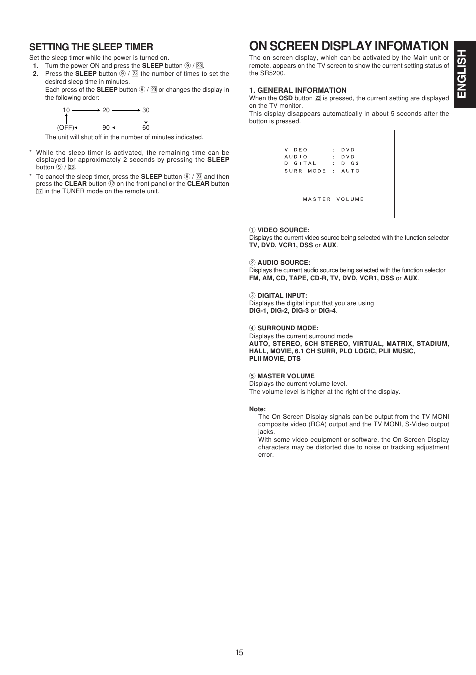 On screen display infomation, English, Setting the sleep timer | Marantz SR5200 User Manual | Page 22 / 33