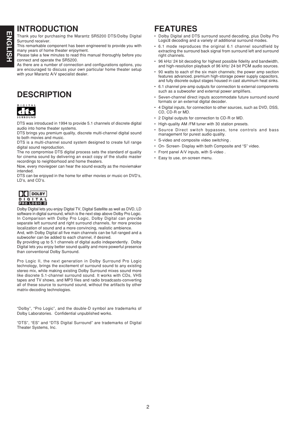 Introduction, Description, Features | English | Marantz SR5200 User Manual | Page 9 / 33