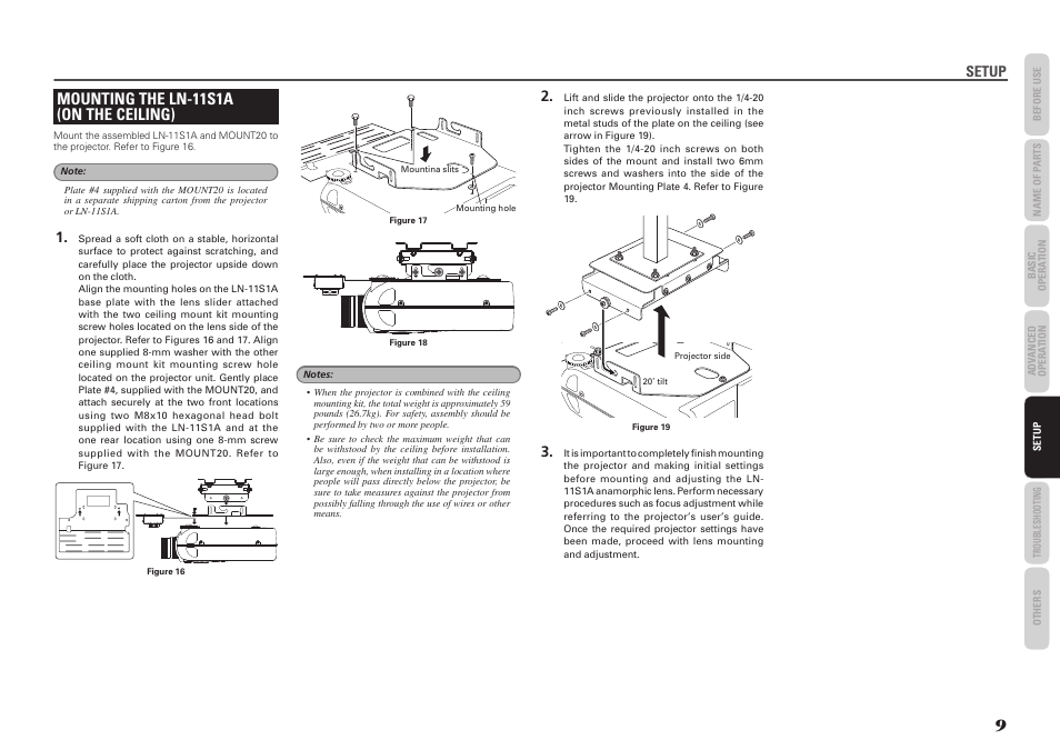 Mounting the ln-11s1a (on the ceiling), Setup | Marantz LN-11S1A User Manual | Page 13 / 18