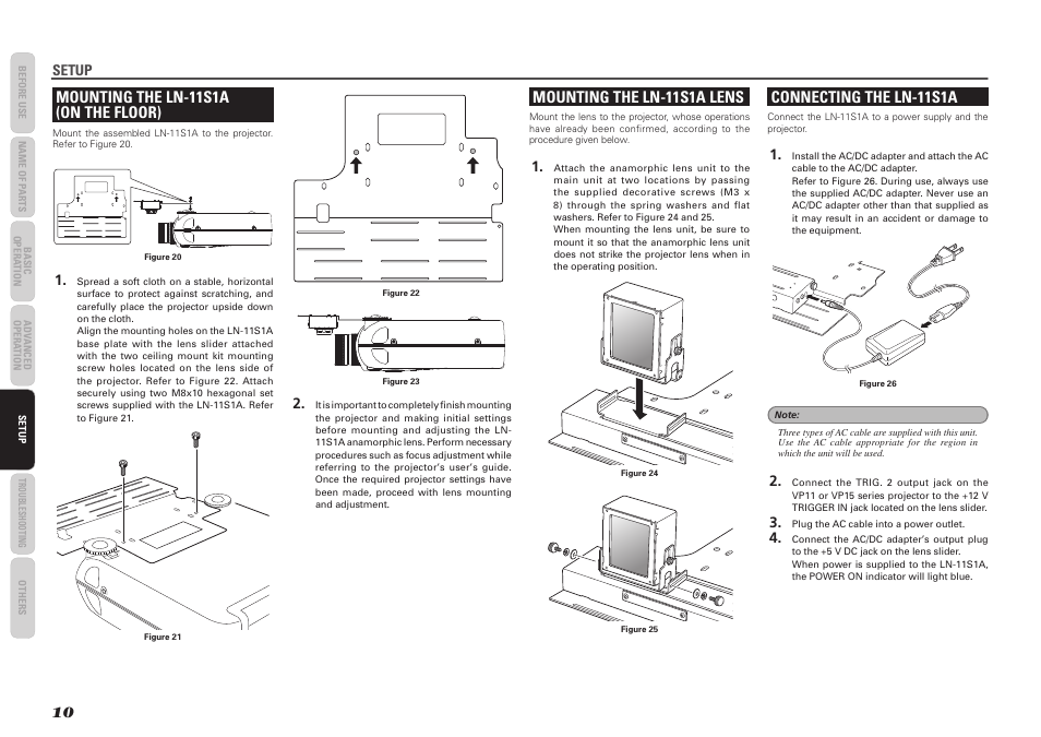 Connecting the ln-11s1a, Mounting the ln-11s1a lens, Mounting the ln-11s1a (on the floor) | Setup | Marantz LN-11S1A User Manual | Page 14 / 18