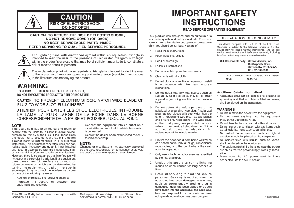 Important safety instructions, Caution, Warning | Marantz LN-11S1A User Manual | Page 2 / 18