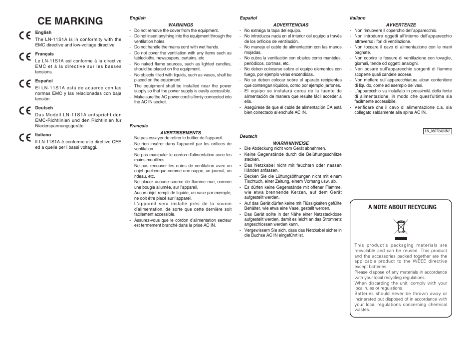 Ce marking | Marantz LN-11S1A User Manual | Page 4 / 18