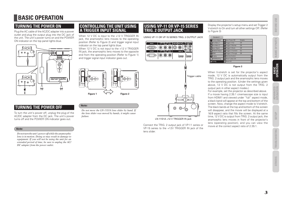 Basic operation, Turning the power on, Turning the power off | Controlling the unit using a trigger input signal | Marantz LN-11S1A User Manual | Page 7 / 18