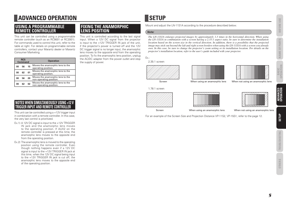 Advanced operation, Setup, Using a programmable remote controller | Fixing the anamorphic lens position | Marantz LN-11S1A User Manual | Page 9 / 18