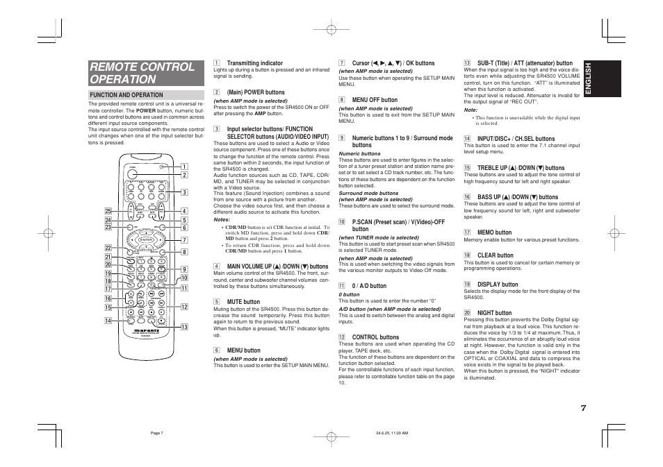 Remote control operation, English | Marantz SR4500 User Manual | Page 10 / 41
