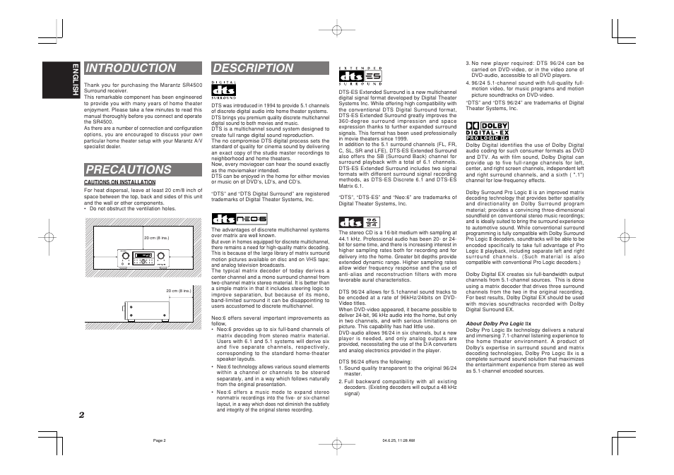 Introduction, Precautions, Description | Marantz SR4500 User Manual | Page 5 / 41