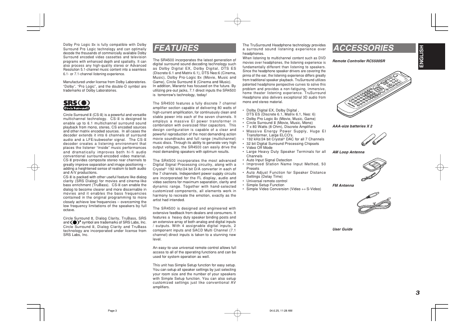 Features, Accessories, Vol. main vol.tv | Marantz SR4500 User Manual | Page 6 / 41