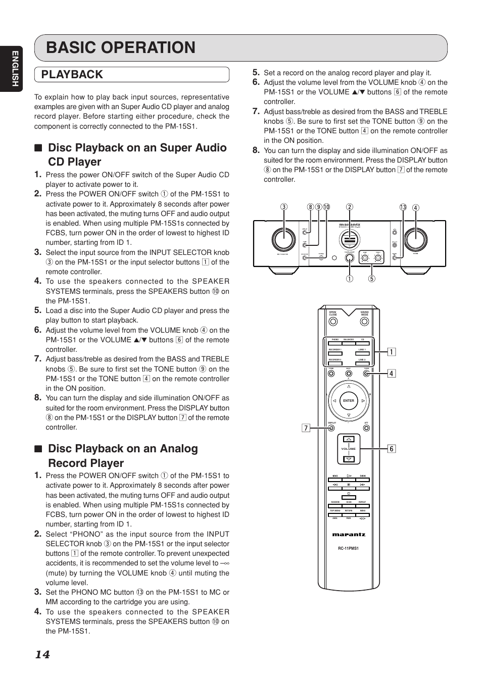 Basic operation, Playback, 77 disc playback on an super audio cd player | 77 disc playback on an analog record player | Marantz PM-15S1 User Manual | Page 18 / 28