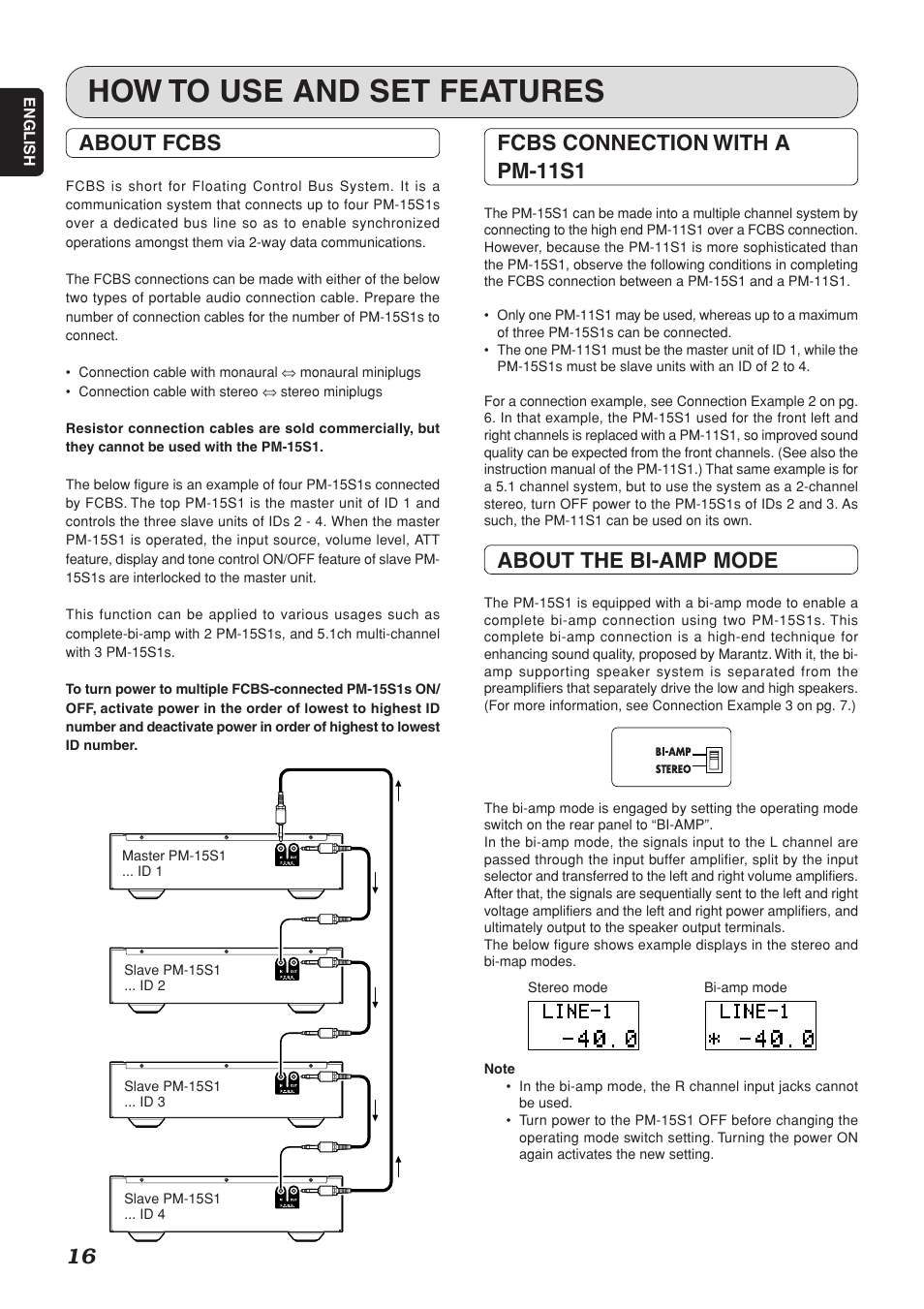 How to use and set features, About fcbs, Fcbs connection with a pm-11s1 | About the bi-amp mode | Marantz PM-15S1 User Manual | Page 20 / 28