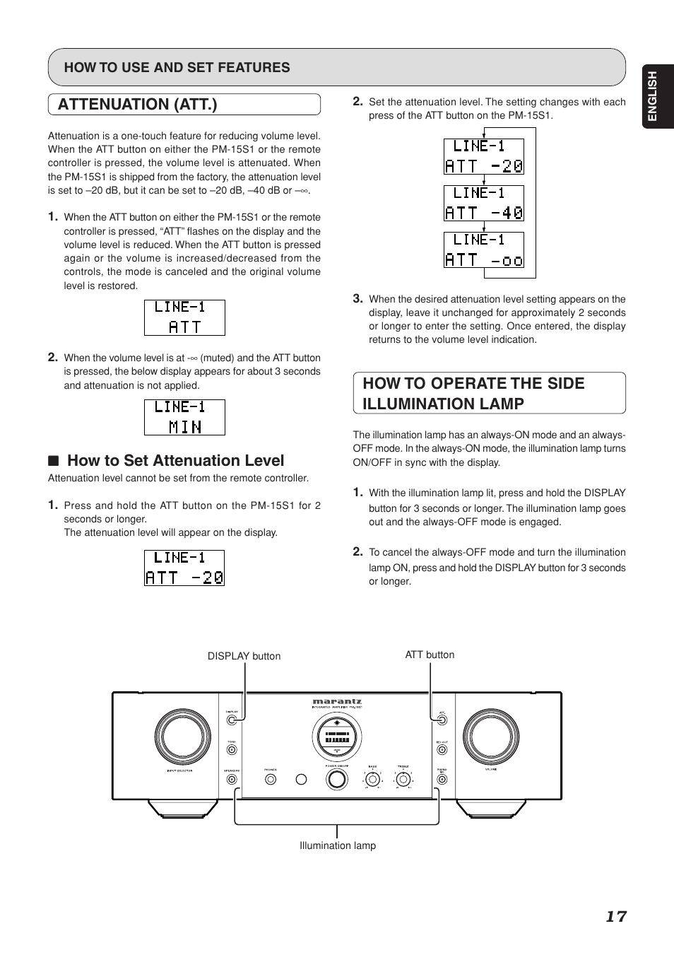 Attenuation (att.), 77 how to set attenuation level, How to operate the side illumination lamp | Marantz PM-15S1 User Manual | Page 21 / 28