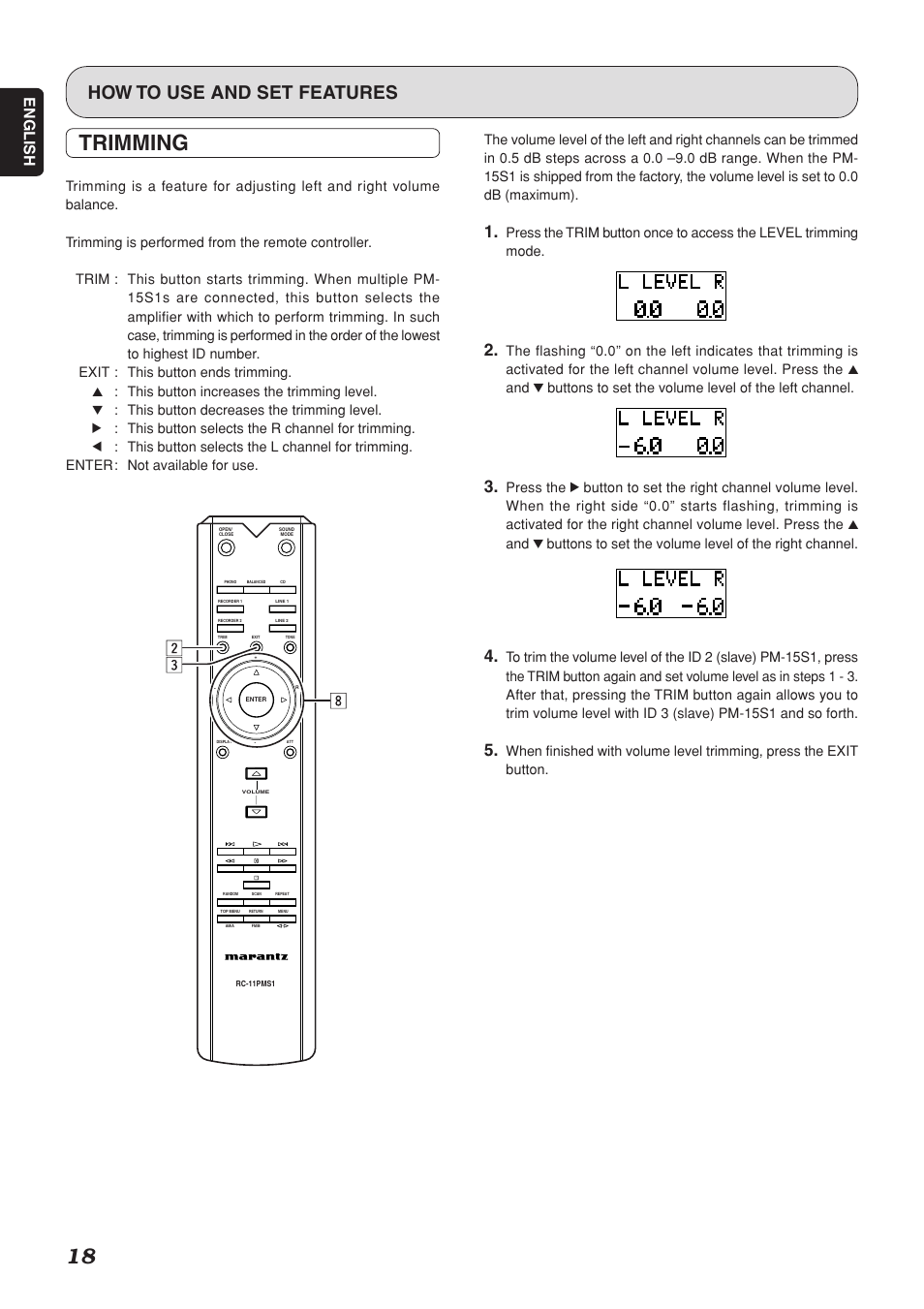 Trimming, How to use and set features, English | Marantz PM-15S1 User Manual | Page 22 / 28