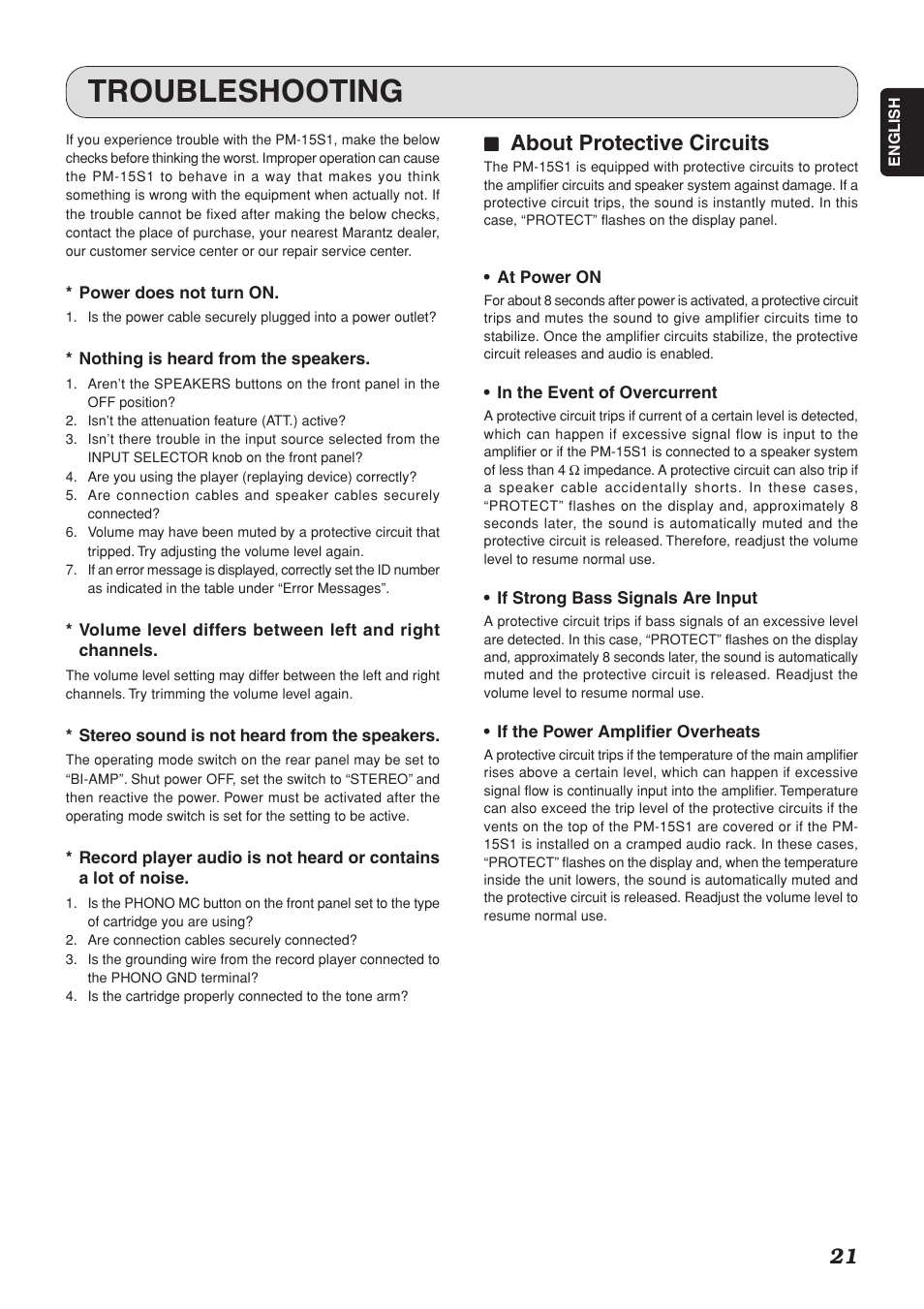 Troubleshooting, 77 about protective circuits | Marantz PM-15S1 User Manual | Page 25 / 28