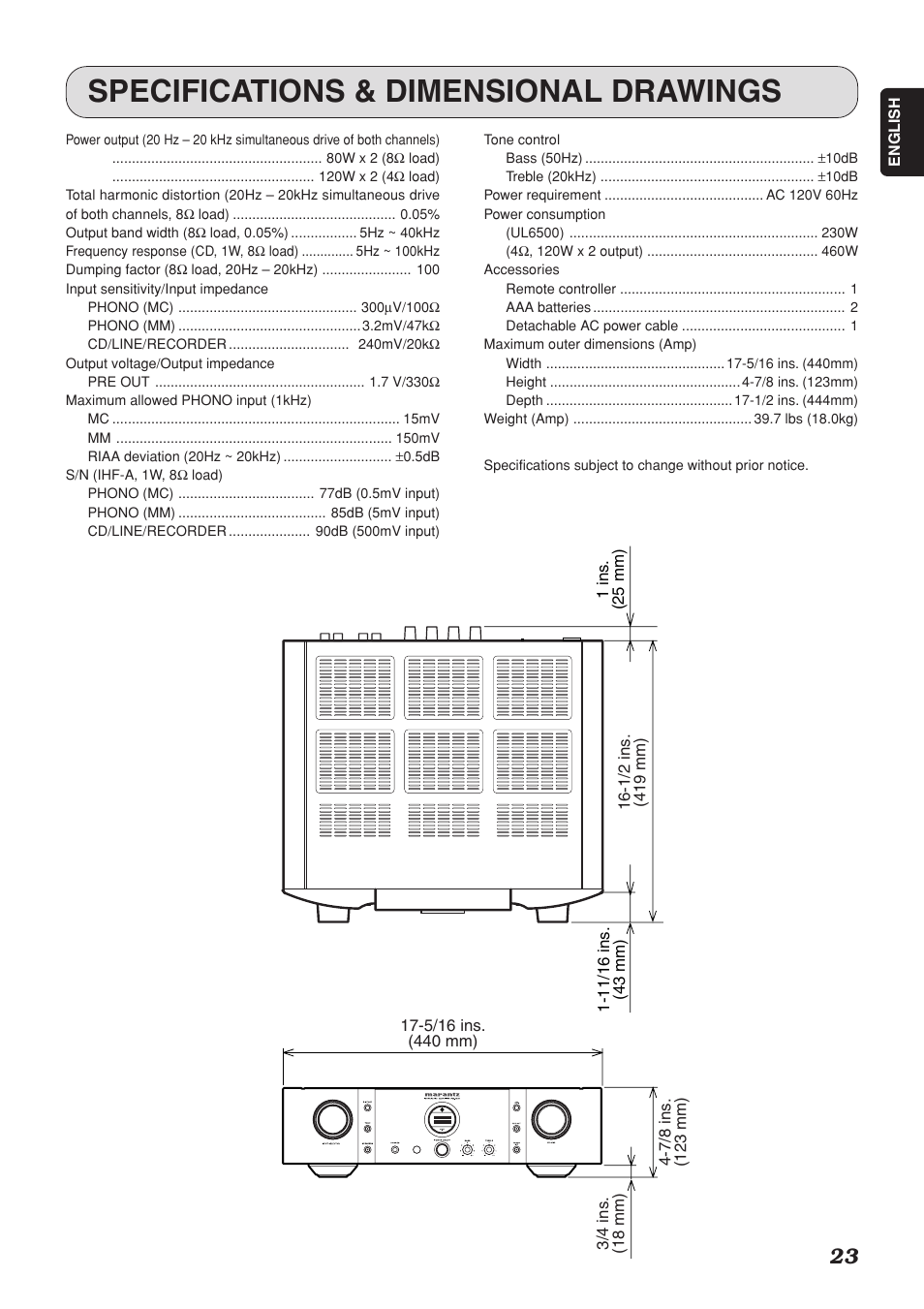 Specifications & dimensional drawings | Marantz PM-15S1 User Manual | Page 27 / 28