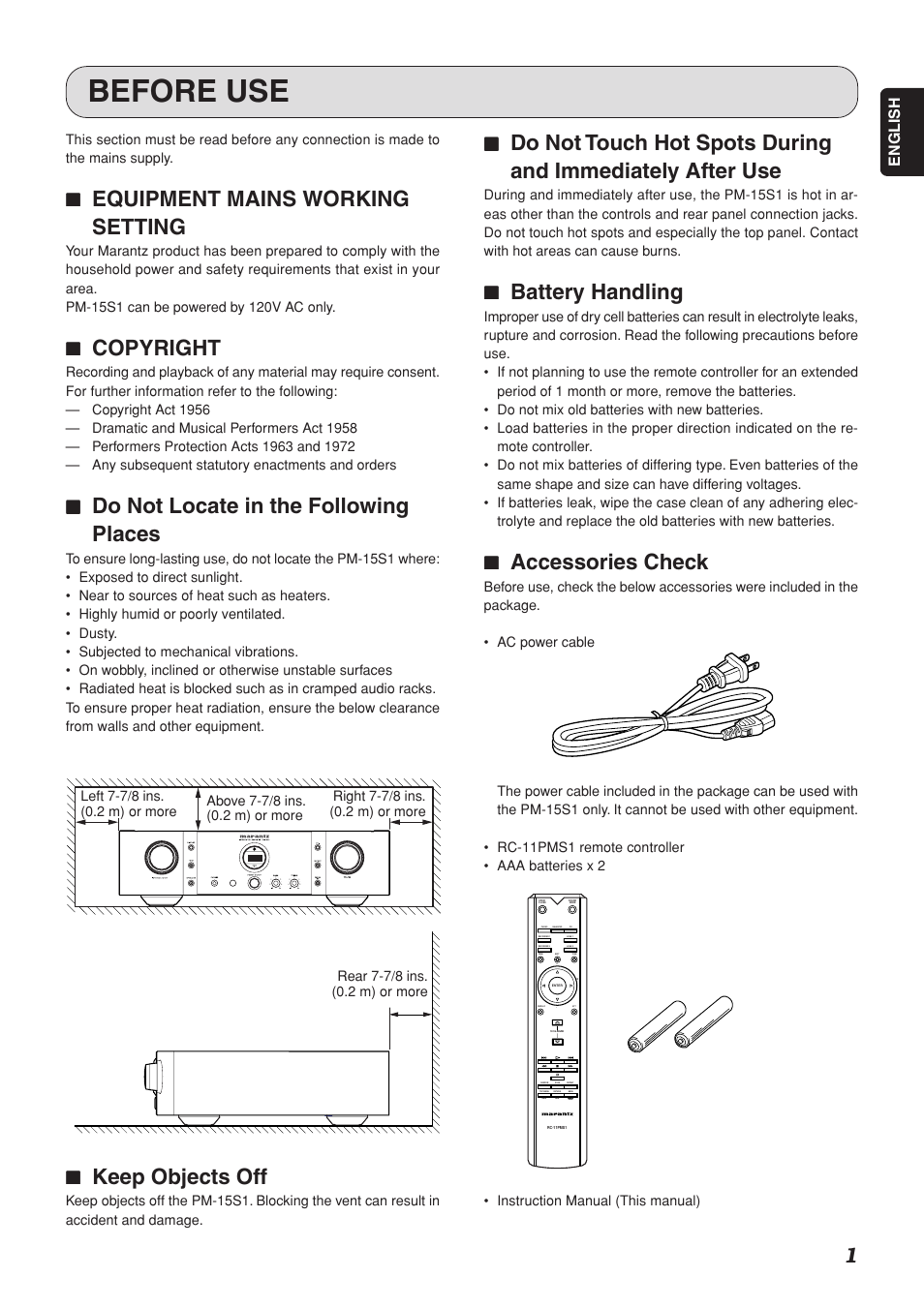 Before use, 77 battery handling, 77 accessories check | 77 equipment mains working setting, 77 copyright, 77 do not locate in the following places, 77 keep objects off | Marantz PM-15S1 User Manual | Page 5 / 28