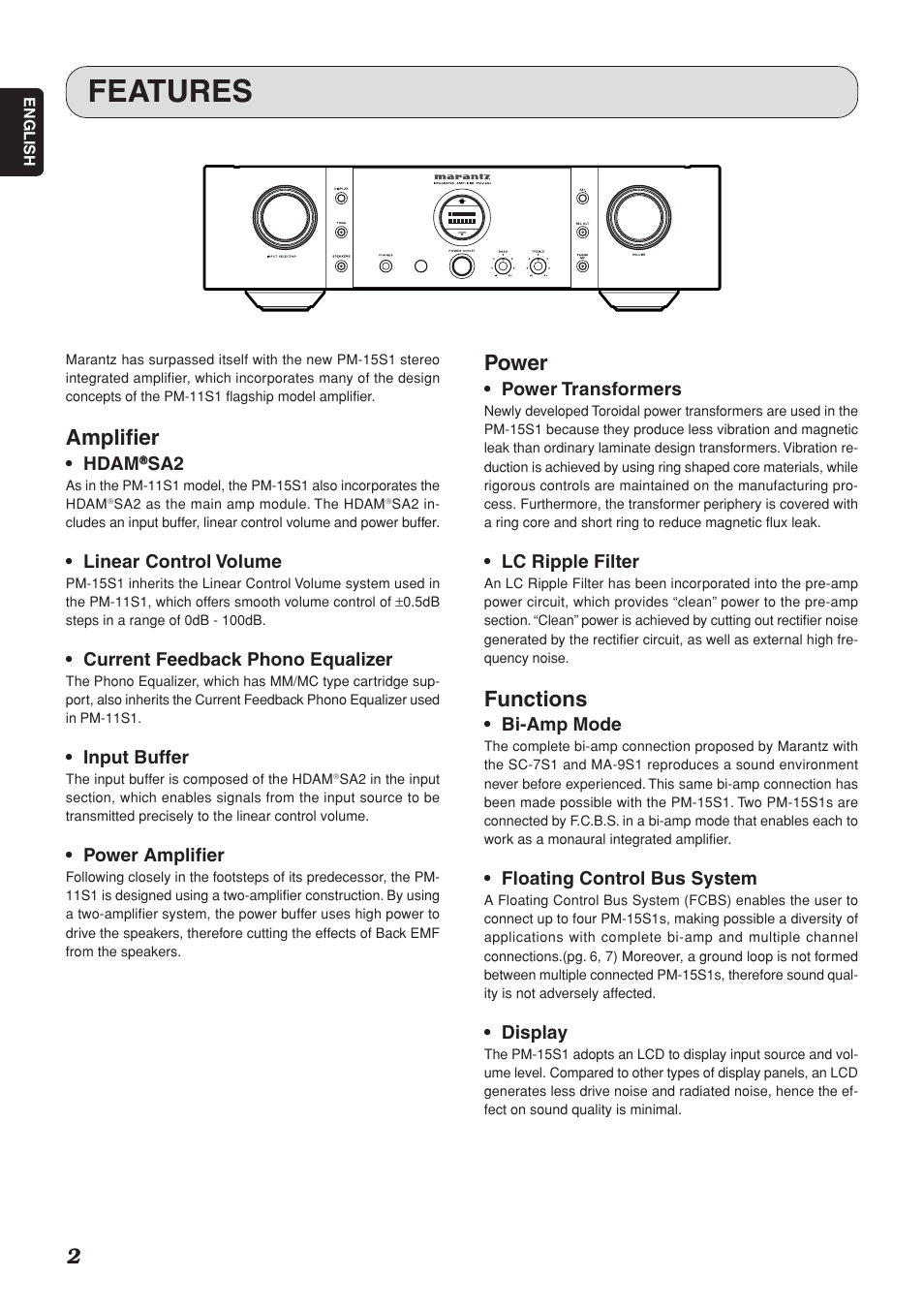 Features, Amplifier, Power | Functions | Marantz PM-15S1 User Manual | Page 6 / 28