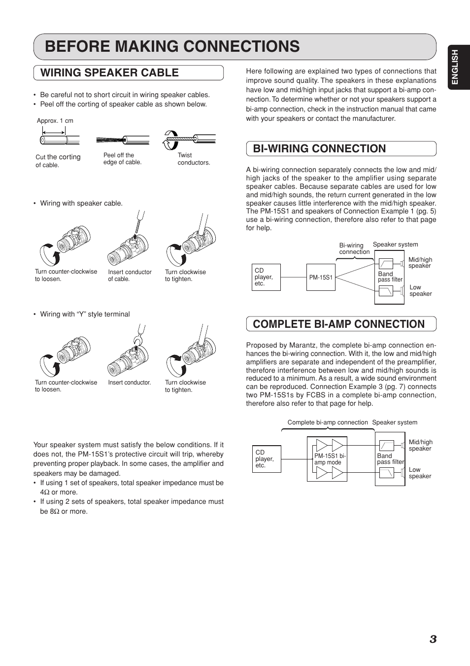 Before making connections, Wiring speaker cable, Bi-wiring connection | Complete bi-amp connection | Marantz PM-15S1 User Manual | Page 7 / 28