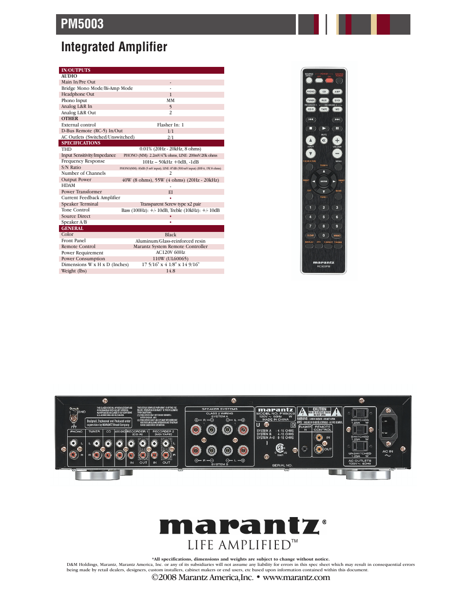 Pm5003 integrated amplifier, Life amplified | Marantz PM5003 User Manual | Page 2 / 2