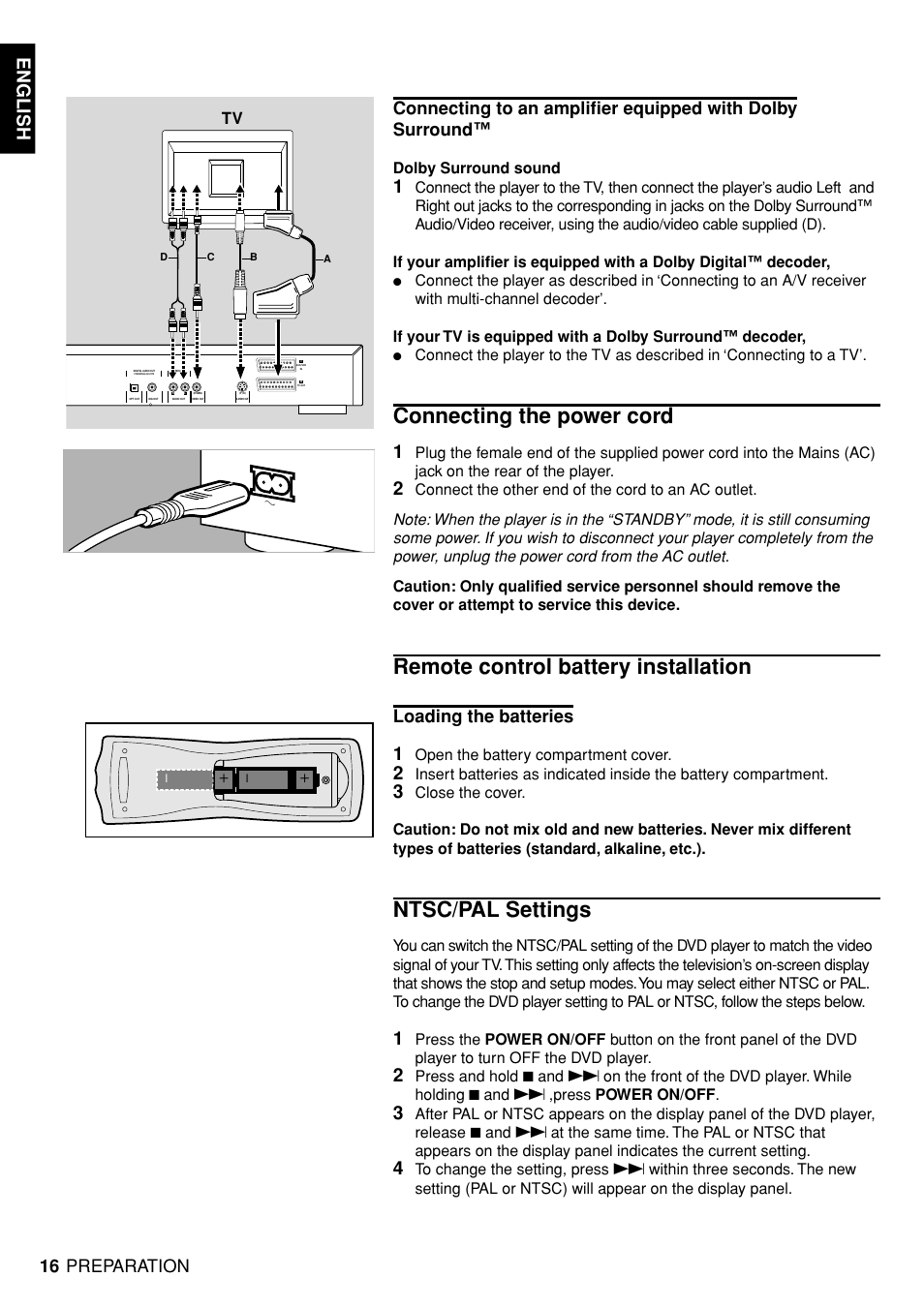 Connecting the power cord, Remote control battery installation, Ntsc/pal settings | English, Loading the batteries, Preparation | Marantz DV4100 User Manual | Page 14 / 35