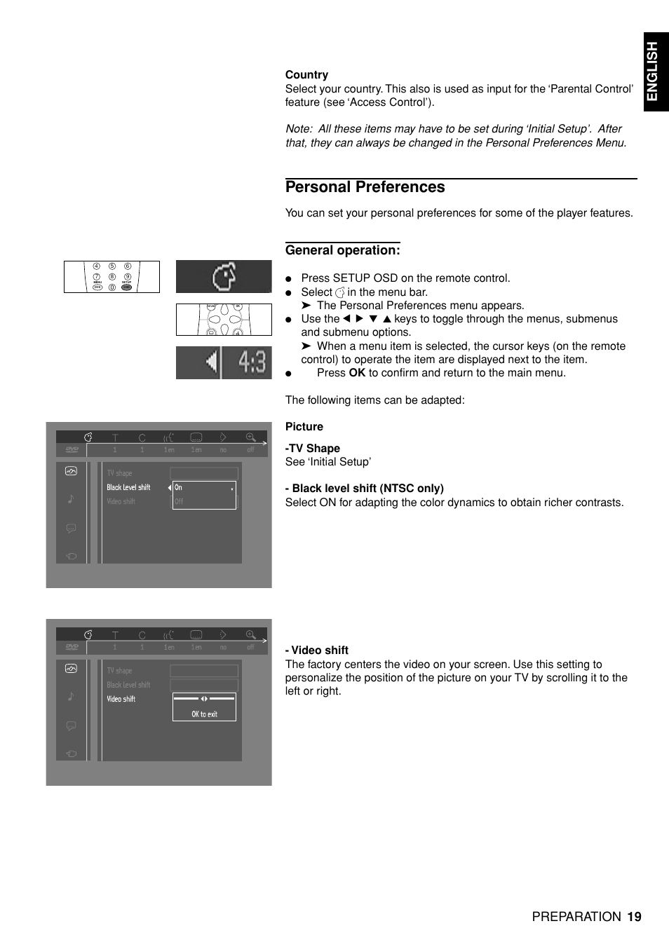 Personal preferences, English, General operation | Preparation, Press setup osd on the remote control | Marantz DV4100 User Manual | Page 17 / 35