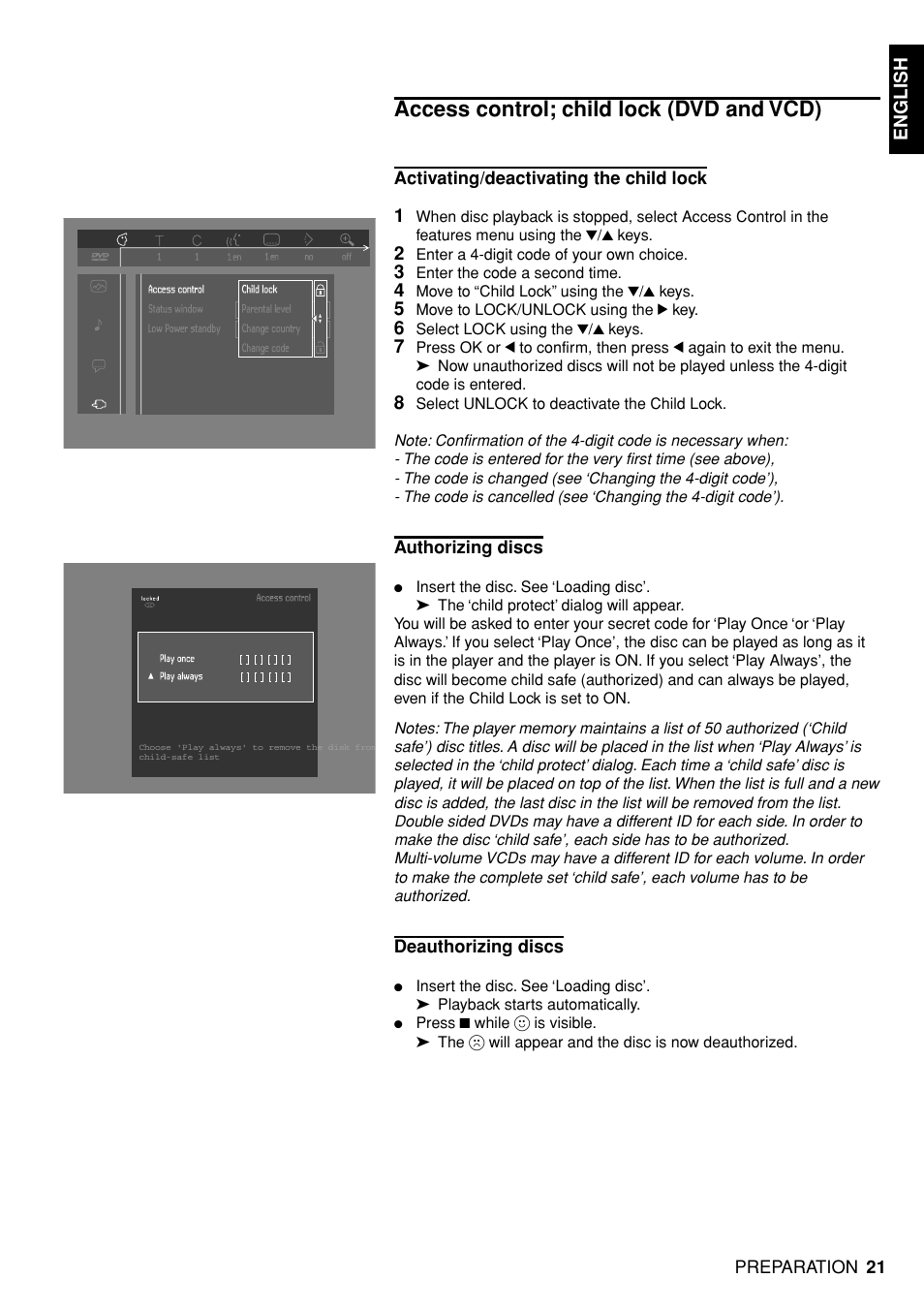 Access control; child lock (dvd and vcd) | Marantz DV4100 User Manual | Page 19 / 35