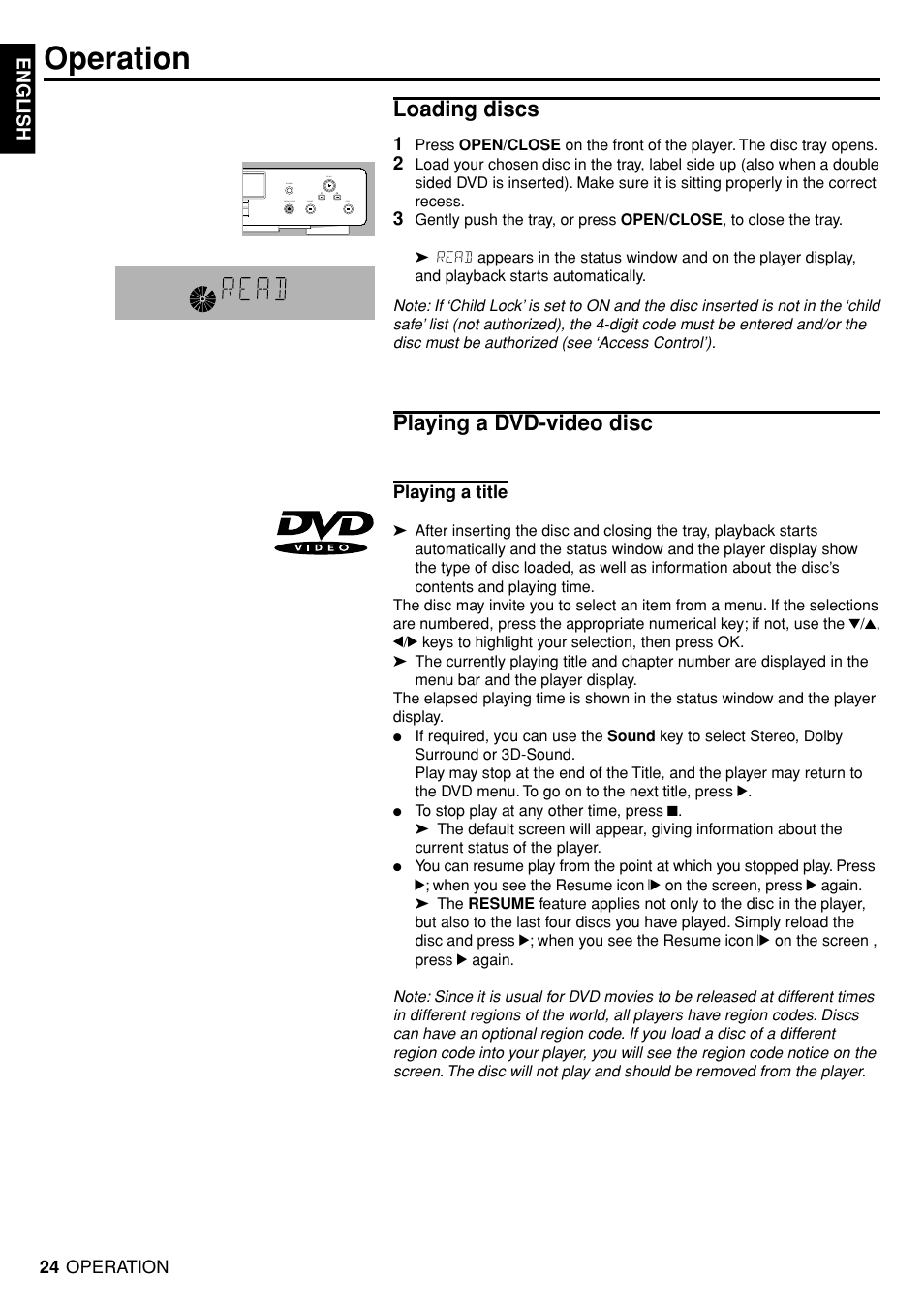 Operation, Loading discs, Playing a dvd-video disc | Marantz DV4100 User Manual | Page 22 / 35