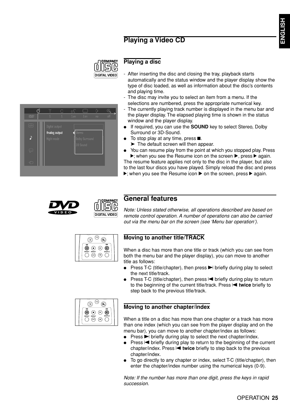 Playing a video cd, General features, English | Playing a disc, Moving to another title/track, Moving to another chapter/index, Operation | Marantz DV4100 User Manual | Page 23 / 35