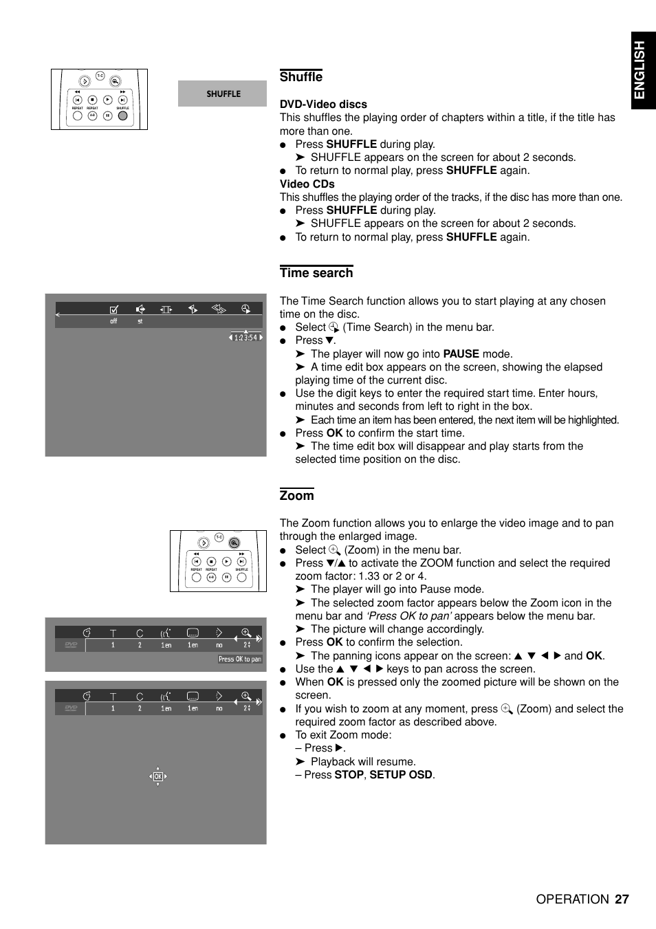 English, Shuffle, Time search | Zoom, Operation, Select h (time search) in the menu bar, Select a (zoom) in the menu bar | Marantz DV4100 User Manual | Page 25 / 35