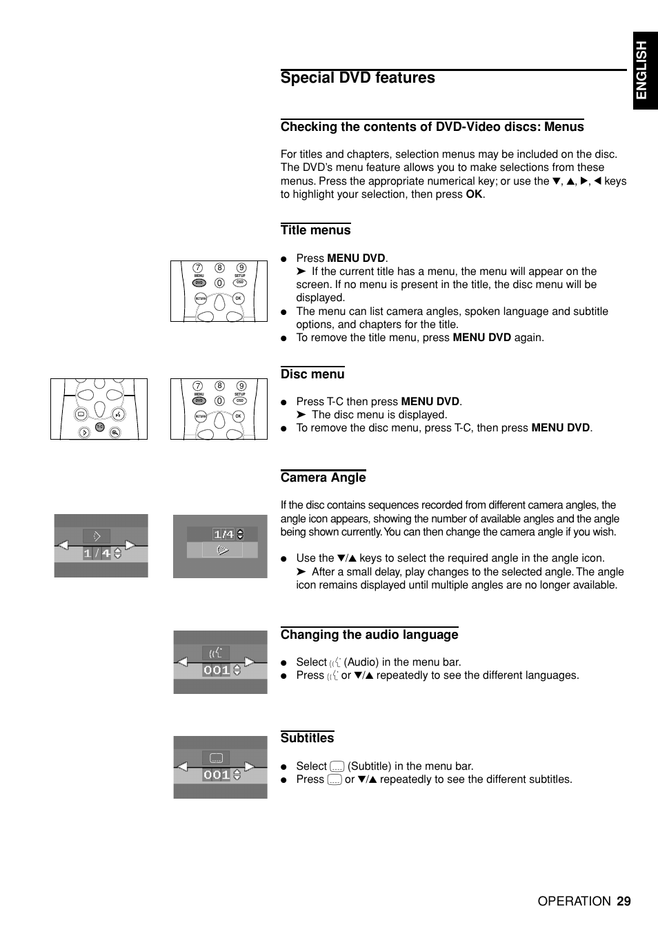 Special dvd features, English, Checking the contents of dvd-video discs: menus | Title menus, Disc menu, Camera angle, Changing the audio language, Subtitles, Operation, Select y (audio) in the menu bar | Marantz DV4100 User Manual | Page 27 / 35