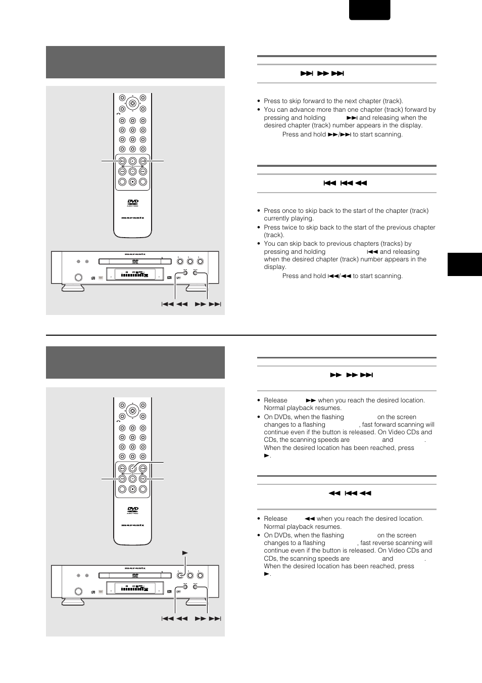 Forward and reverse scanning, Chapter (track) skip forward/ skip back, Advancing to the next chapter (track) | Skipping back to the previous chapter (track), Fast forward scanning, Fast reverse scanning, English | Marantz DV-12S1 User Manual | Page 27 / 69