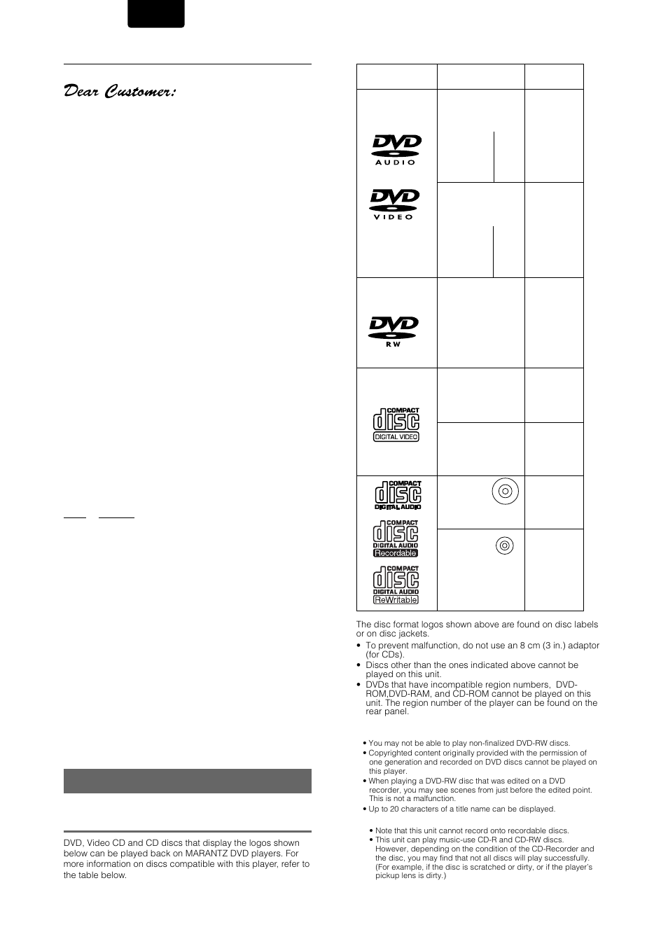 Features of this player, We want you listening for a lifetime, Compatible with dvd, video cd and cd formats | English | Marantz DV-12S1 User Manual | Page 4 / 69