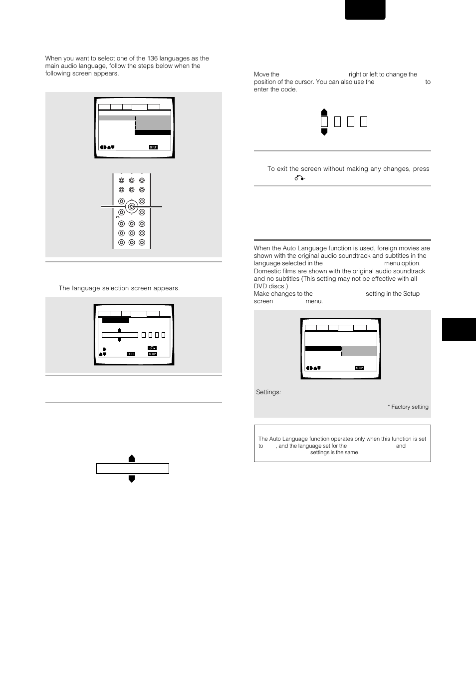 English, Ja: japanese list of languages, When “other” is selected | Press enter to set the new language, Enter), Cursor) setting the langu a ge options | Marantz DV-12S1 User Manual | Page 43 / 69