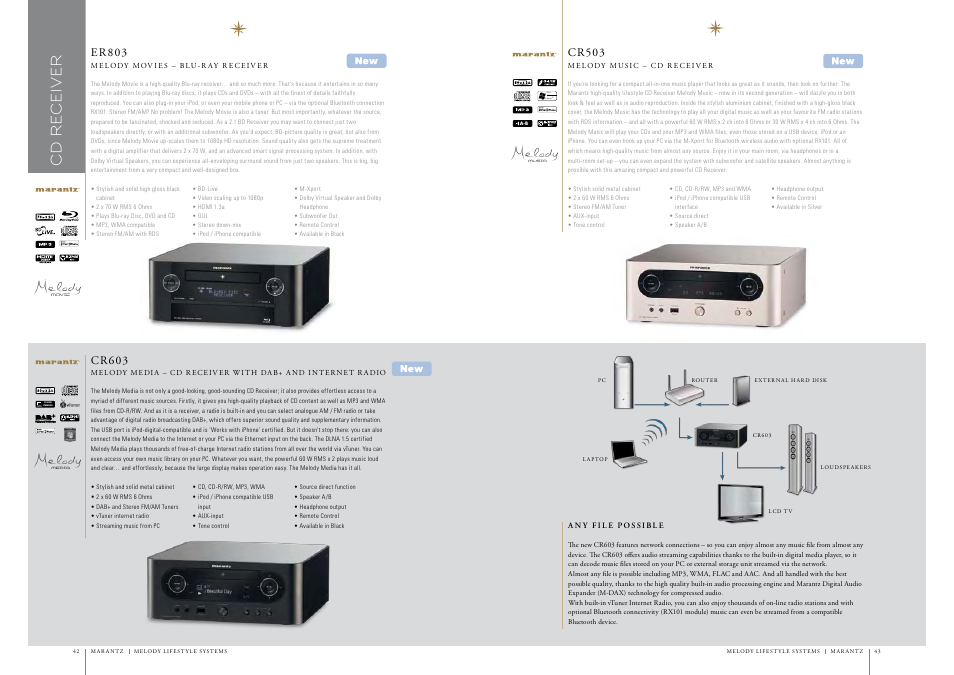 Cd r e ce iv e r, Plays windows media, Cr503 | Cr603, Er803 | Marantz AV7005 User Manual | Page 17 / 28